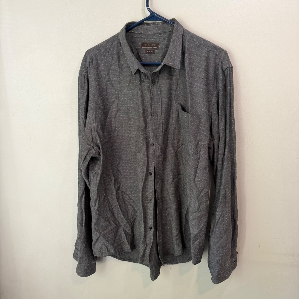 Zara Man Slim Fit Button Down Shirt Mens XL Gray Textured Long Sleeve Pocket